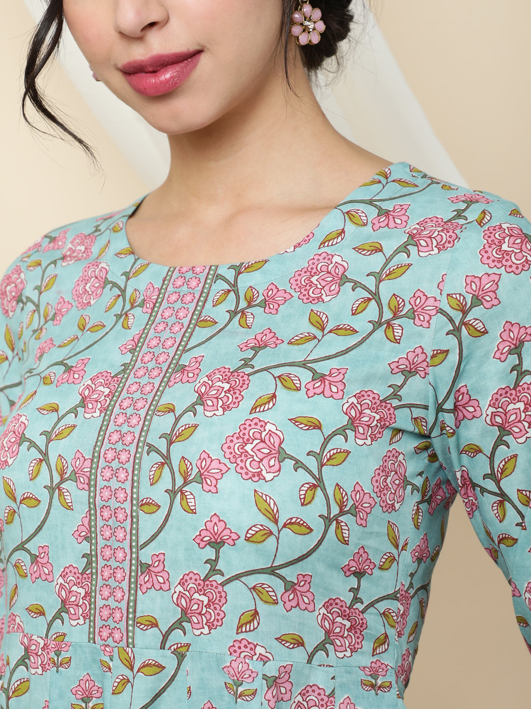 Cotton  Ankle Length Printed  3/4 Sleeve Round Neck Kurta