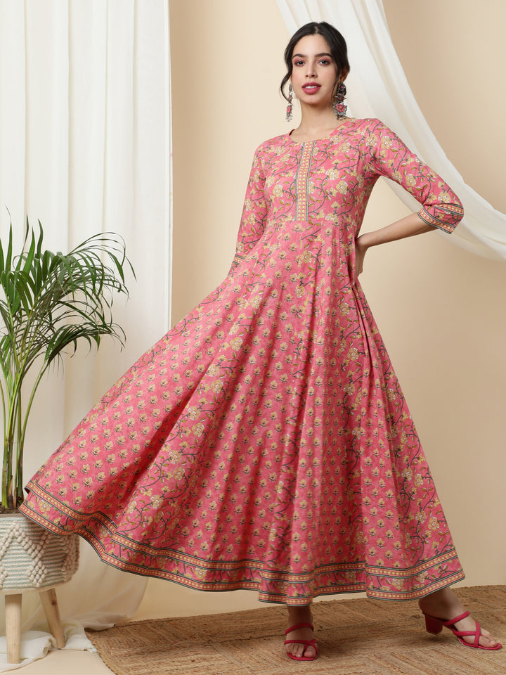 Cotton  Ankle Length Printed  3/4 Sleeve Round Neck Kurta