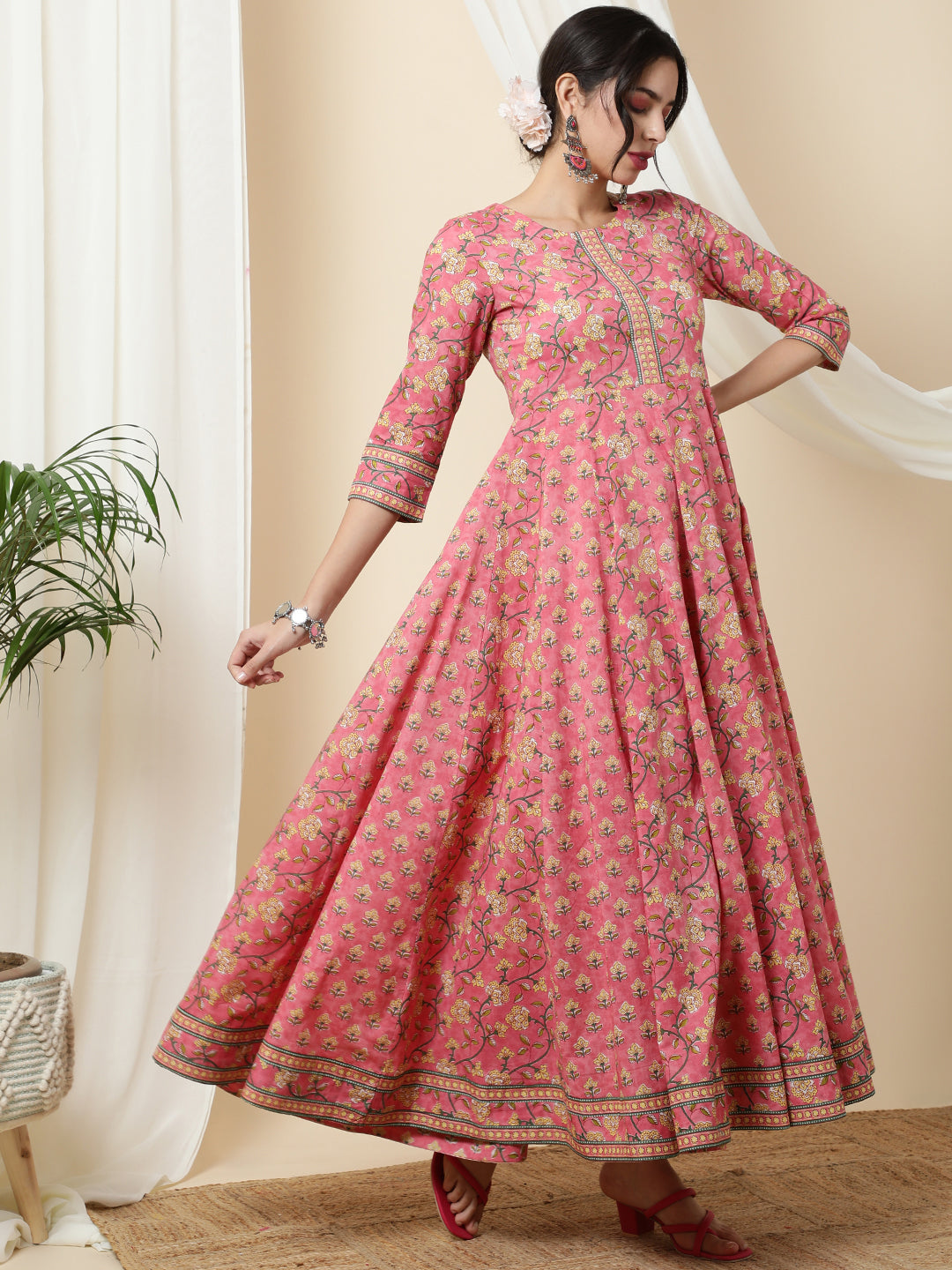 Cotton  Ankle Length Printed  3/4 Sleeve Round Neck Kurta