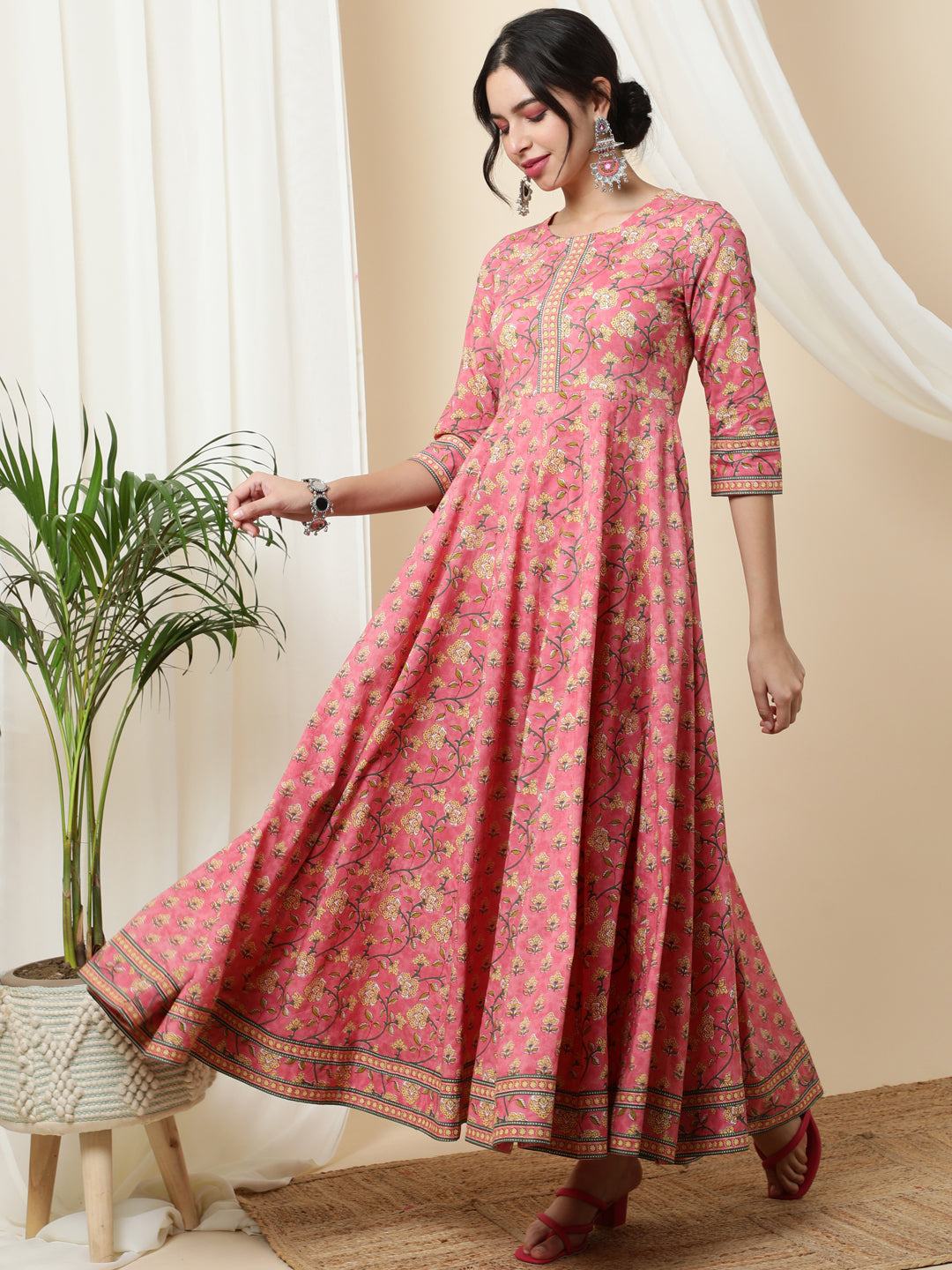 Cotton  Ankle Length Printed  3/4 Sleeve Round Neck Kurta