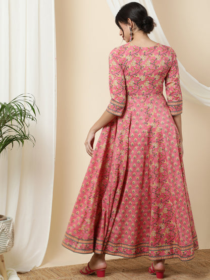 Cotton  Ankle Length Printed  3/4 Sleeve Round Neck Kurta