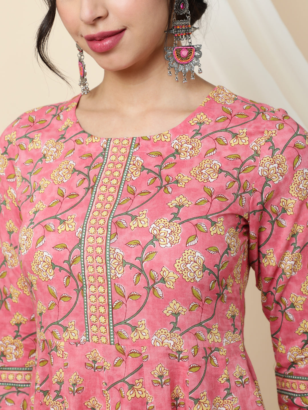 Cotton  Ankle Length Printed  3/4 Sleeve Round Neck Kurta