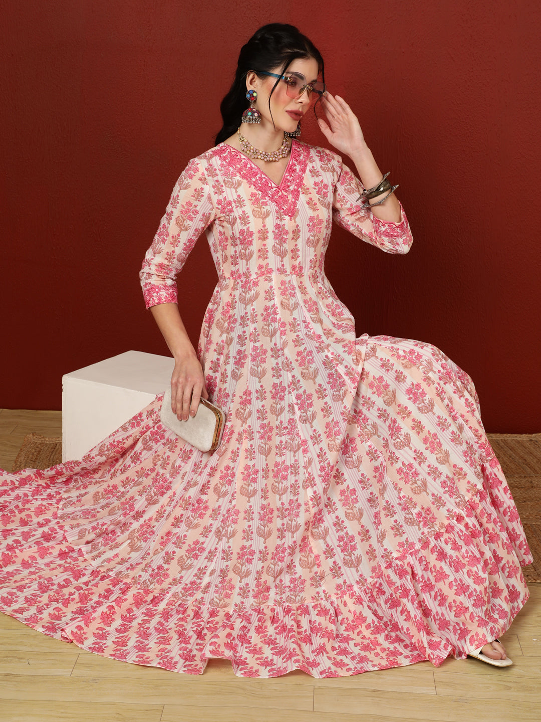 Cotton  Ankle Length Length Printed Flared 3/4 Sleeves V-Neck Kurta (Preorder)