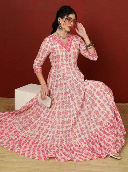 Cotton  Ankle Length Length Printed Flared 3/4 Sleeves V-Neck Kurta (Preorder)