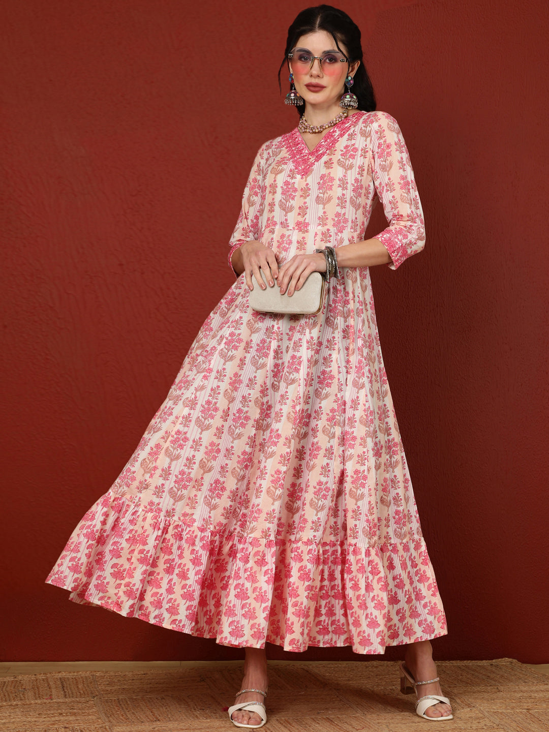 Cotton  Ankle Length Length Printed Flared 3/4 Sleeves V-Neck Kurta (Preorder)