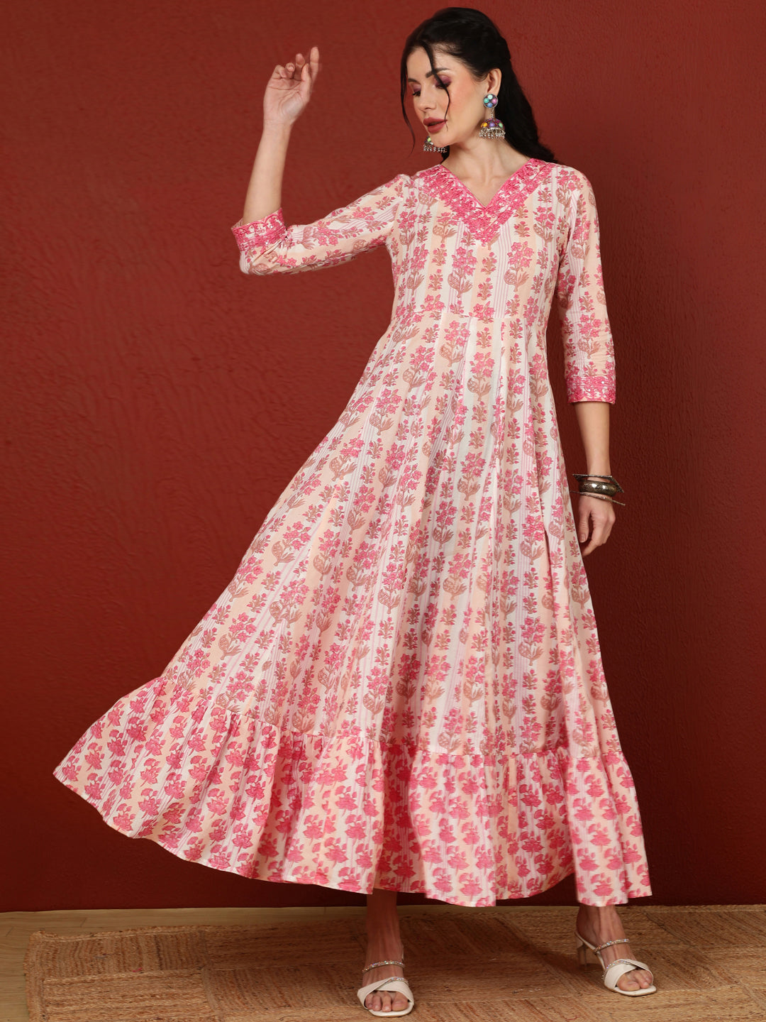 Cotton  Ankle Length Length Printed Flared 3/4 Sleeves V-Neck Kurta (Preorder)