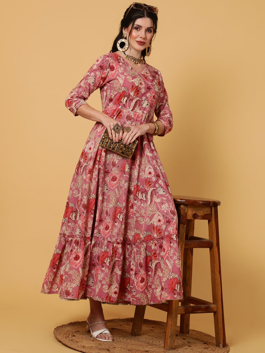 Cotton  Ankle Length Length Printed Flared 3/4 Sleeves V-Neck Kurta