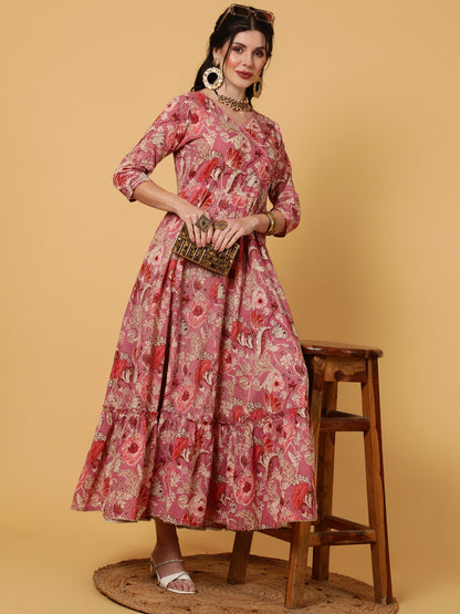 Cotton  Ankle Length Length Printed Flared 3/4 Sleeves V-Neck Kurta