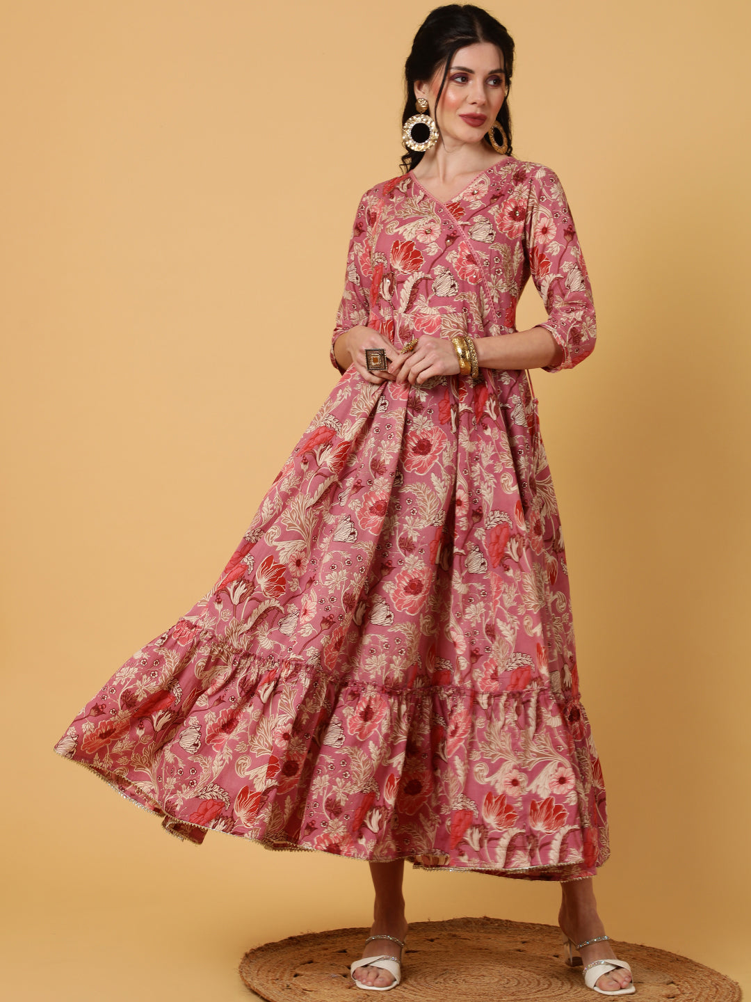 Cotton  Ankle Length Length Printed Flared 3/4 Sleeves V-Neck Kurta