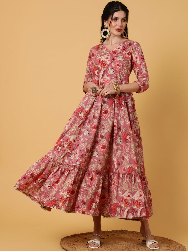 Cotton  Ankle Length Length Printed Flared 3/4 Sleeves V-Neck Kurta