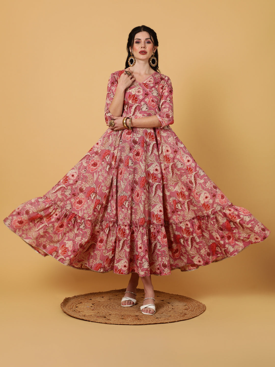 Cotton  Ankle Length Length Printed Flared 3/4 Sleeves V-Neck Kurta