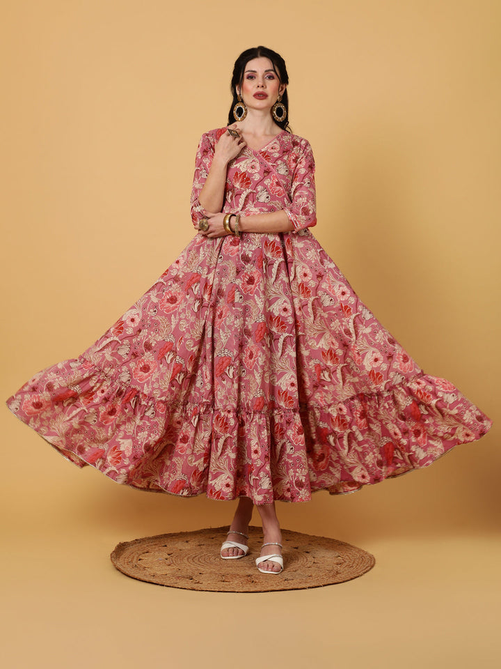 Cotton  Ankle Length Length Printed Flared 3/4 Sleeves V-Neck Kurta