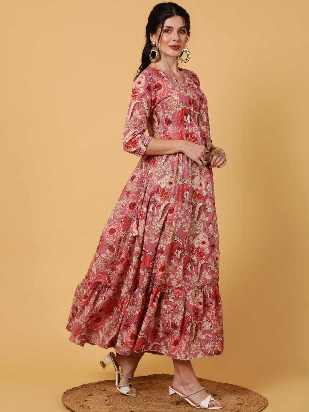 Cotton  Ankle Length Length Printed Flared 3/4 Sleeves V-Neck Kurta