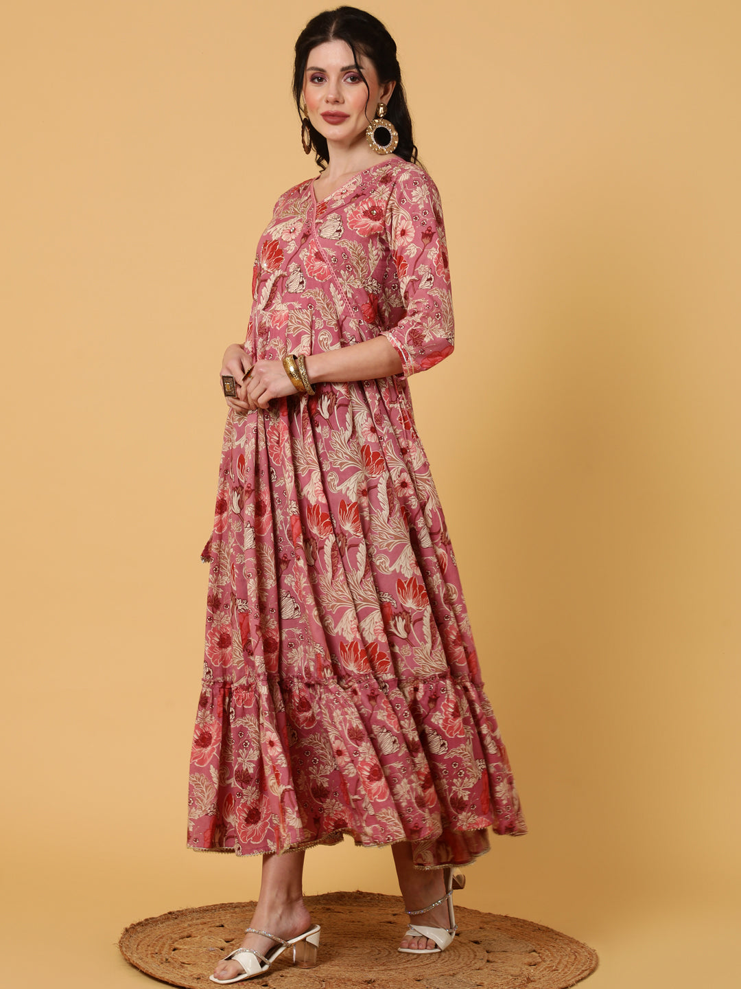 Cotton  Ankle Length Length Printed Flared 3/4 Sleeves V-Neck Kurta