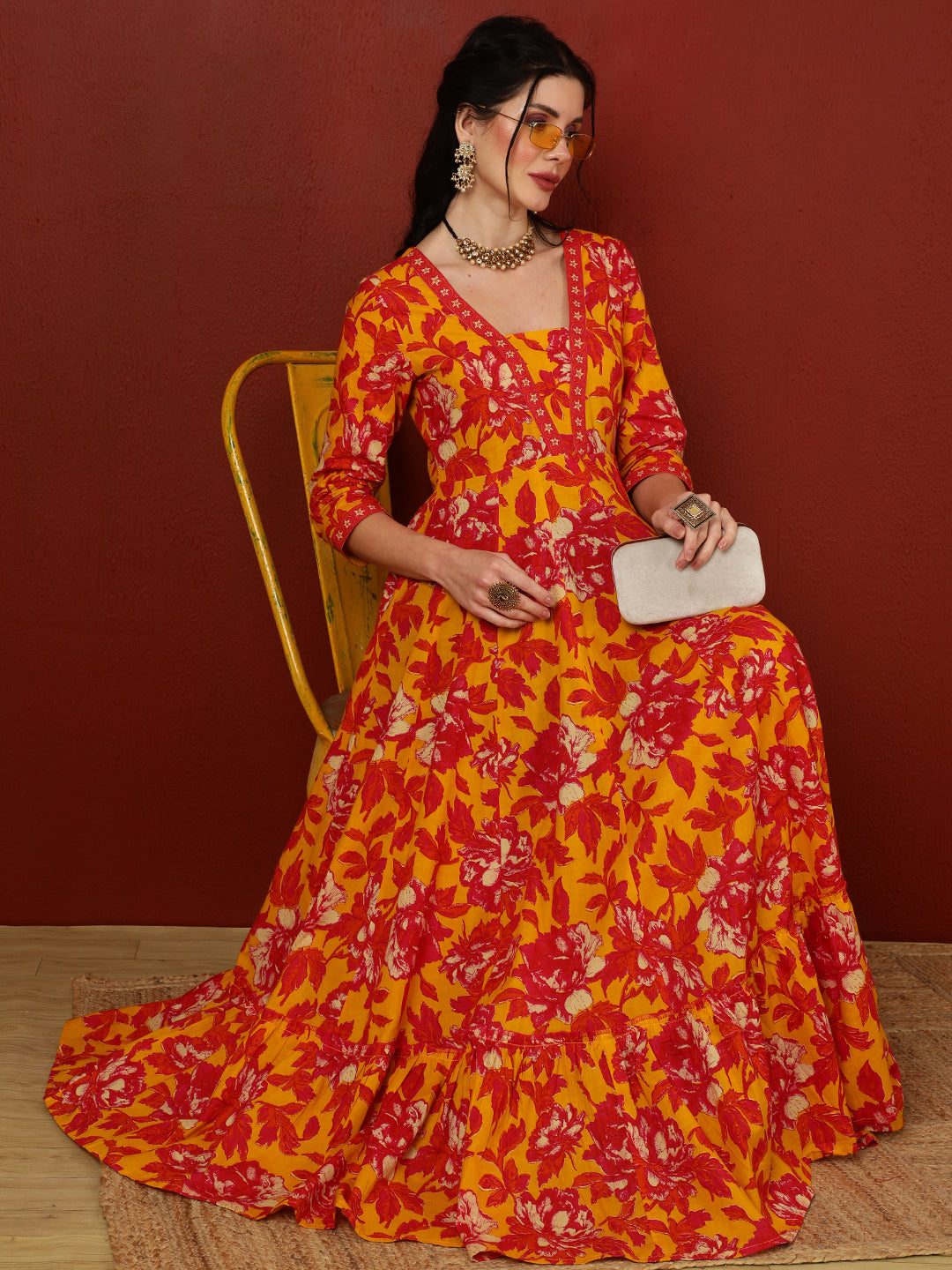 Cotton  Ankle Length Length Printed Flared 3/4 Sleeves V-Neck Kurta (Preorder)