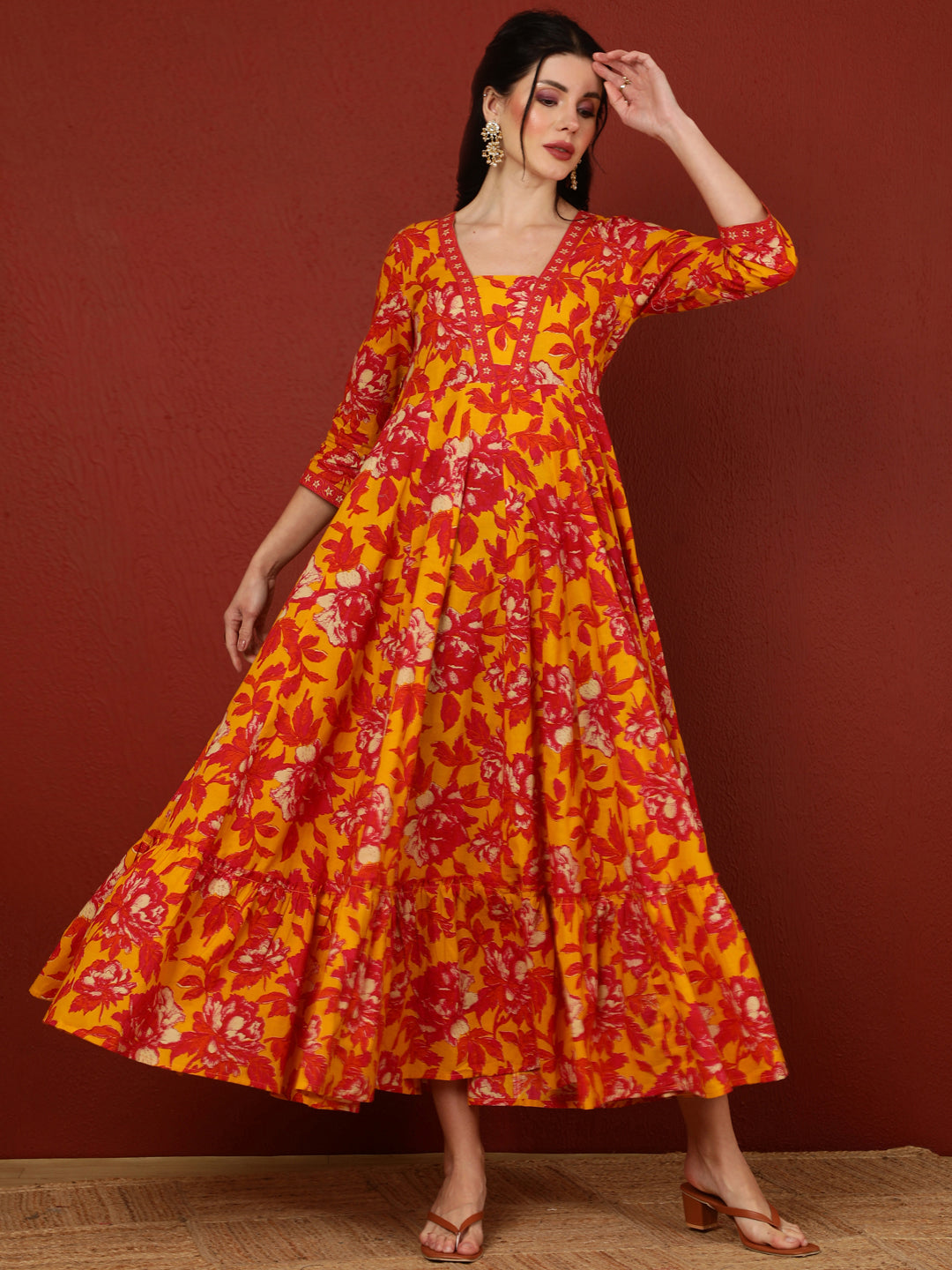 Cotton  Ankle Length Length Printed Flared 3/4 Sleeves V-Neck Kurta