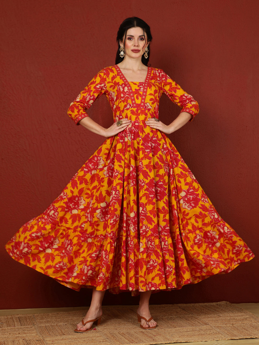 Cotton  Ankle Length Length Printed Flared 3/4 Sleeves V-Neck Kurta