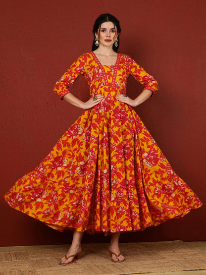 Cotton  Ankle Length Length Printed Flared 3/4 Sleeves V-Neck Kurta