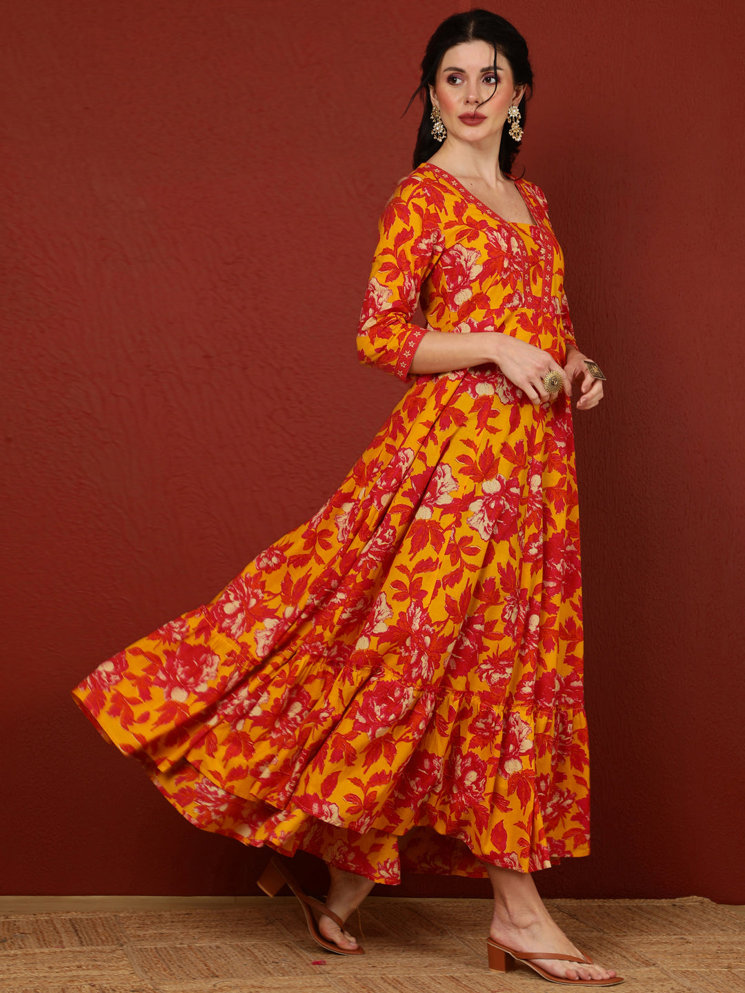Cotton  Ankle Length Length Printed Flared 3/4 Sleeves V-Neck Kurta