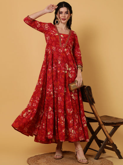 Cotton  Ankle Length Length Printed Flared 3/4 Sleeves V-Neck Kurta (Preorder)