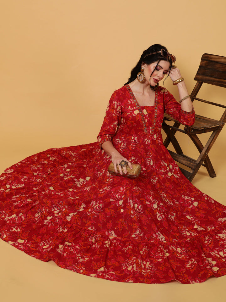 Cotton  Ankle Length Length Printed Flared 3/4 Sleeves V-Neck Kurta