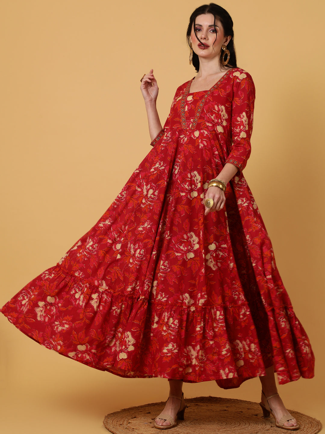 Cotton  Ankle Length Length Printed Flared 3/4 Sleeves V-Neck Kurta