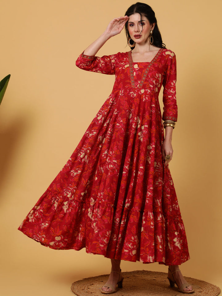 Cotton  Ankle Length Length Printed Flared 3/4 Sleeves V-Neck Kurta