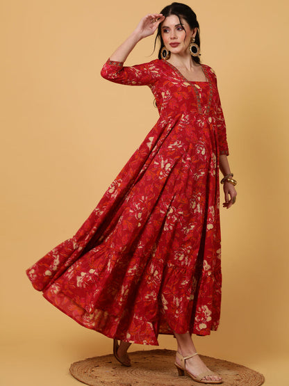 Cotton  Ankle Length Length Printed Flared 3/4 Sleeves V-Neck Kurta