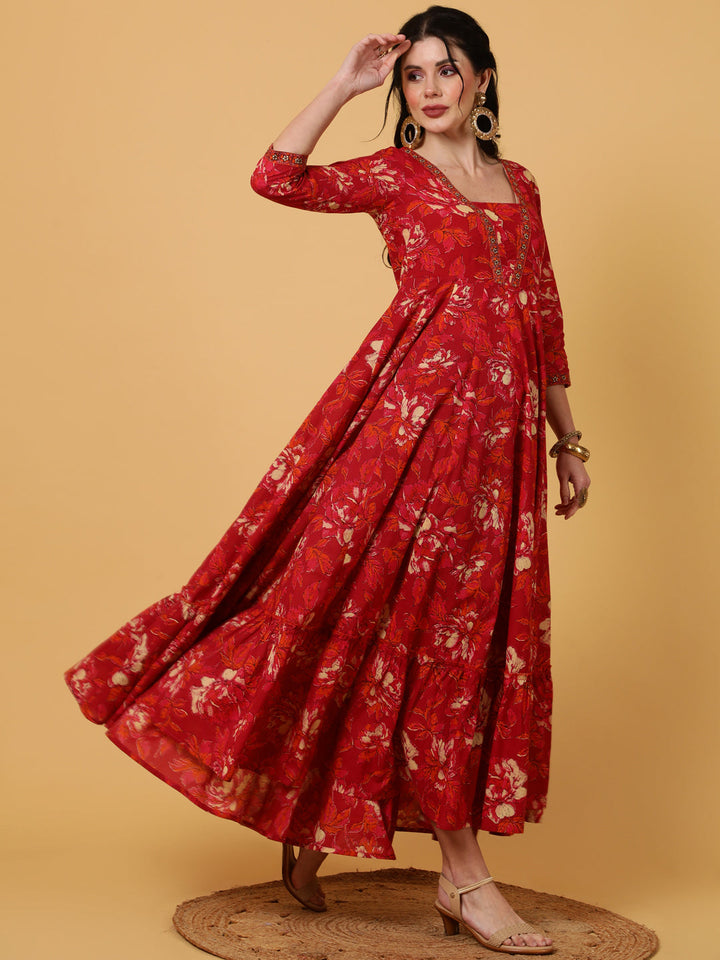 Cotton  Ankle Length Length Printed Flared 3/4 Sleeves V-Neck Kurta