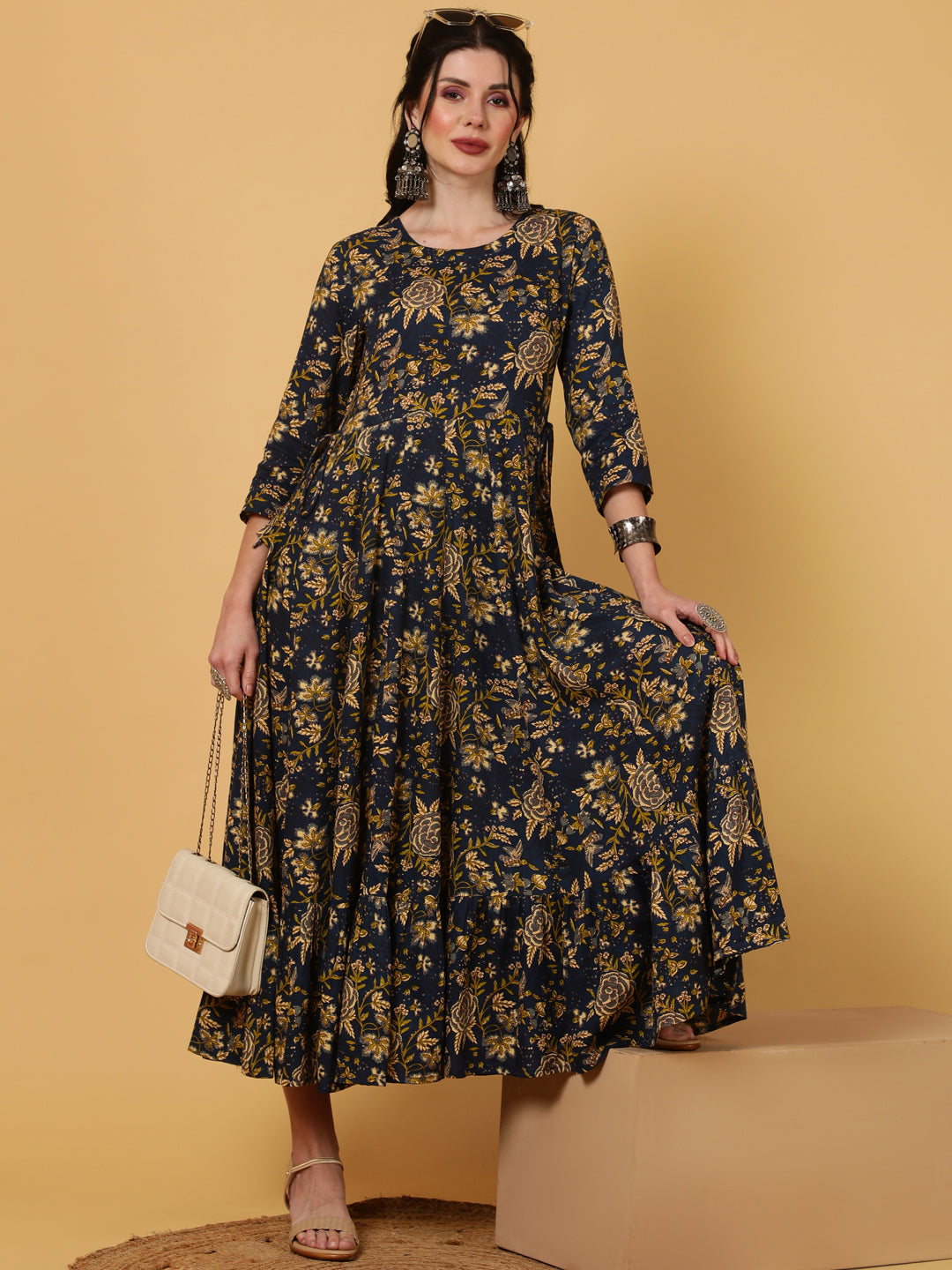 Rayon  Ankle Length Length Printed Flared 3/4 Sleeves Round Kurta (Preorder)