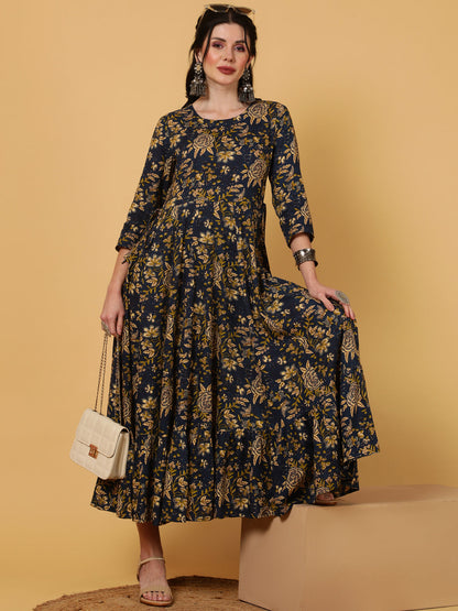 Rayon  Ankle Length Length Printed Flared 3/4 Sleeves Round Kurta (Preorder)