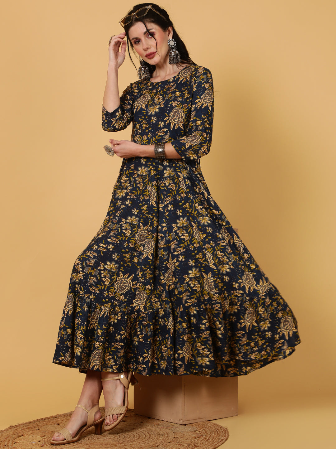 Rayon  Ankle Length Length Printed Flared 3/4 Sleeves Round Kurta