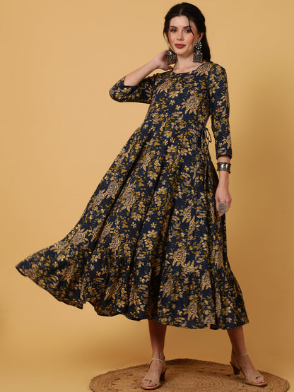 Rayon  Ankle Length Length Printed Flared 3/4 Sleeves Round Kurta (Preorder)