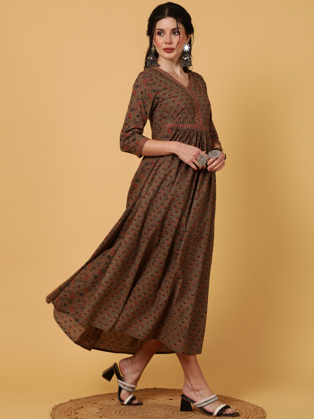 Rayon  Calf Length Printed Flared 3/4 Sleeves V-Neck Kurta (Preorder)