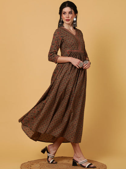 Rayon  Calf Length Printed Flared 3/4 Sleeves V-Neck Kurta (Preorder)