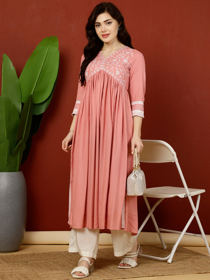 Calf Length Semi-Flared 3/4 Sleeves V Kurta