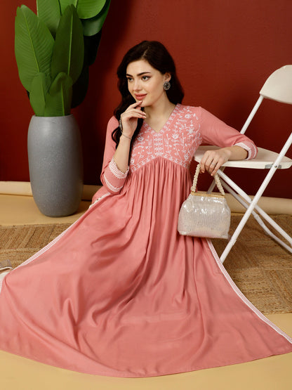 Calf Length Semi-Flared 3/4 Sleeves V Kurta