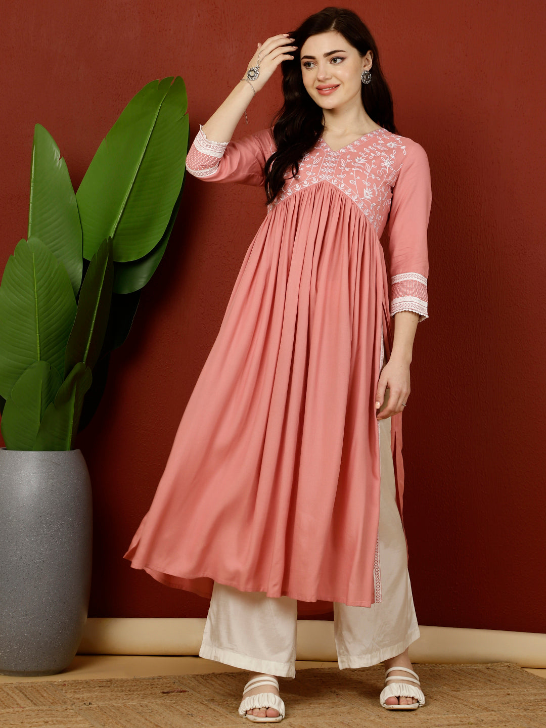 Calf Length Semi-Flared 3/4 Sleeves V Kurta