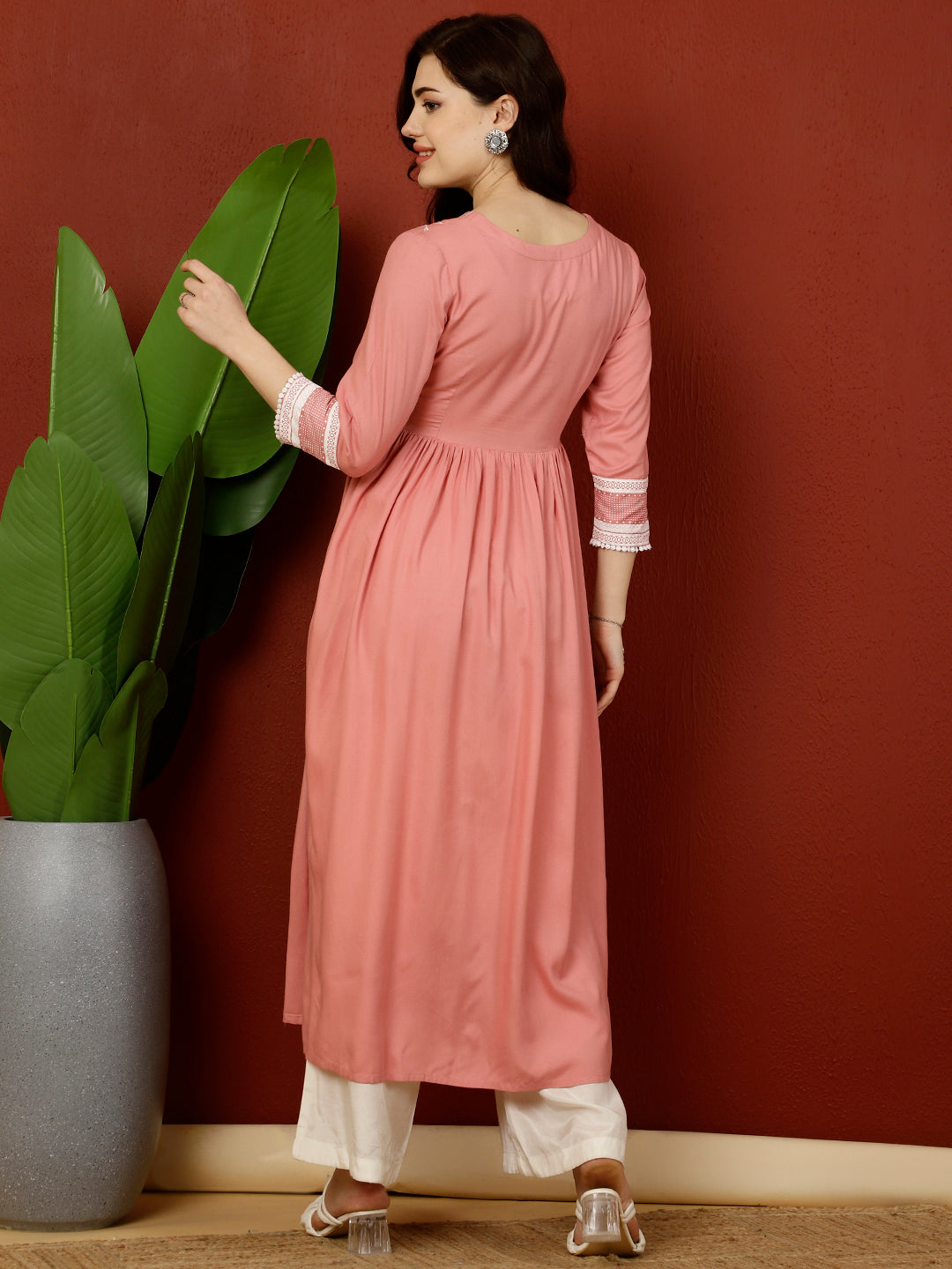 Calf Length Semi-Flared 3/4 Sleeves V Kurta (Preorder)