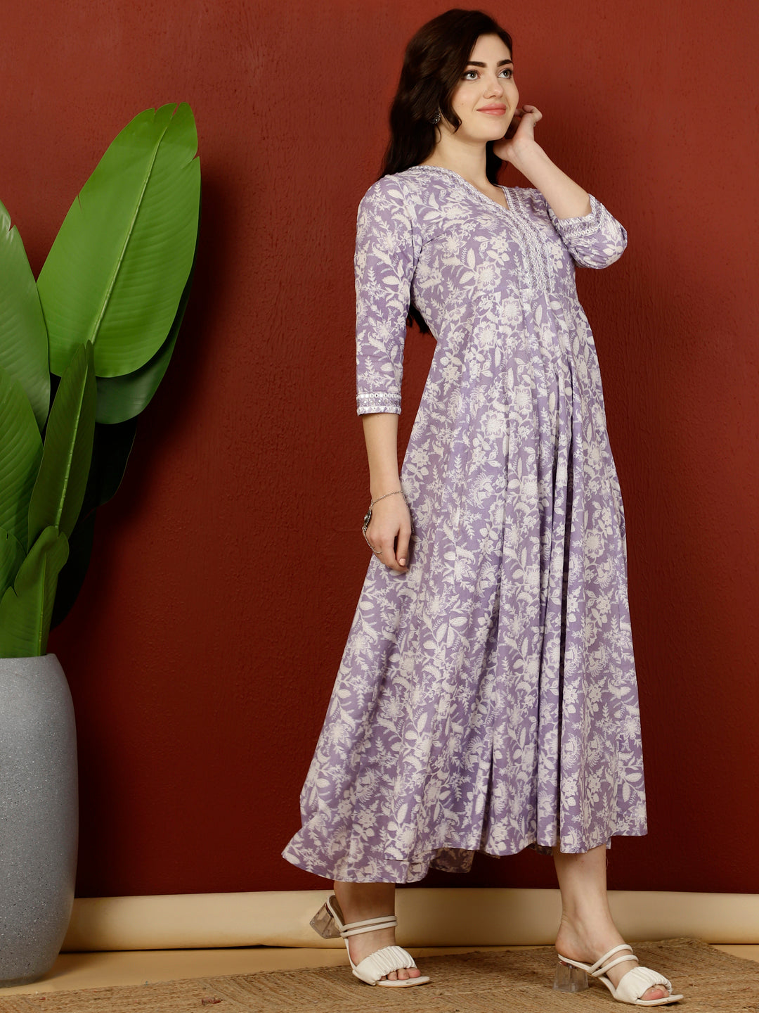 Calf Length Flared 3/4 Sleeves V Kurta (Preorder)