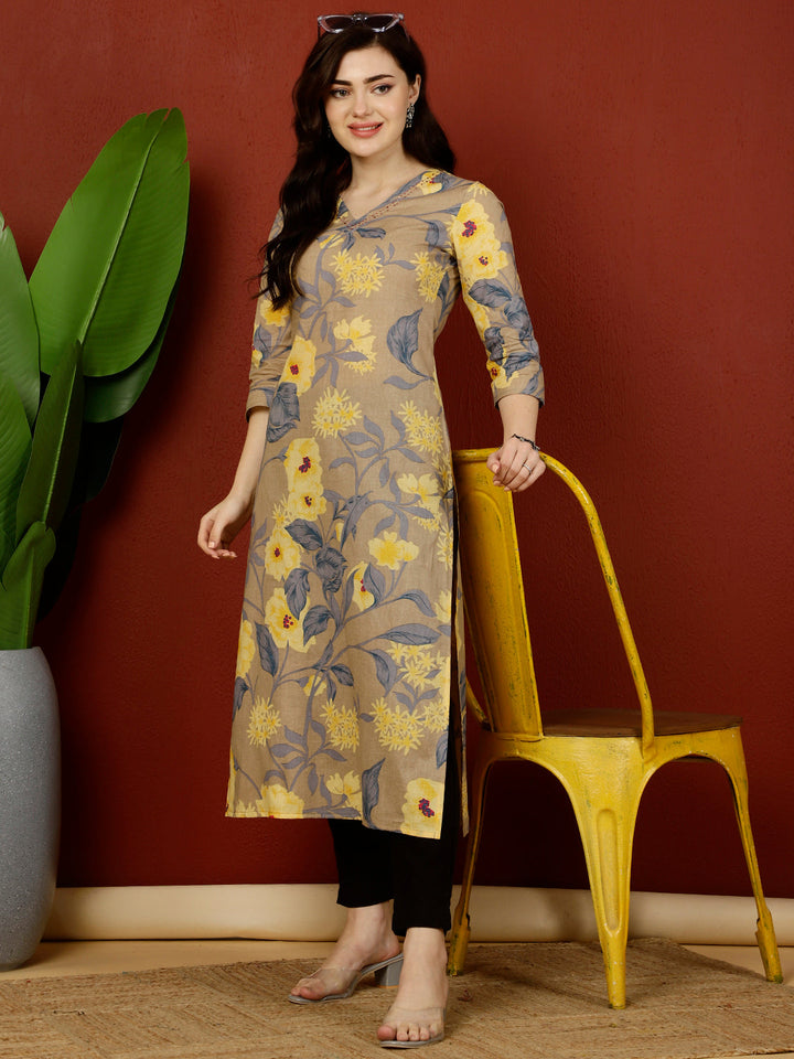 Calf Length Straight 3/4 Sleeves V Kurta