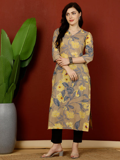 Calf Length Straight 3/4 Sleeves V Kurta