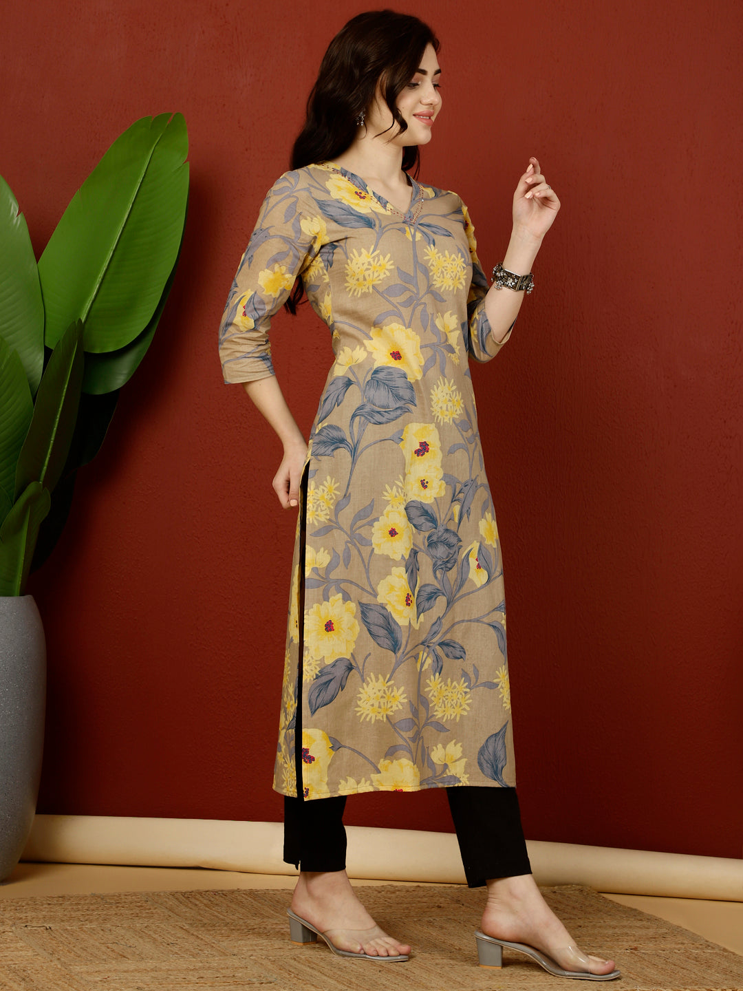 Calf Length Straight 3/4 Sleeves V Kurta
