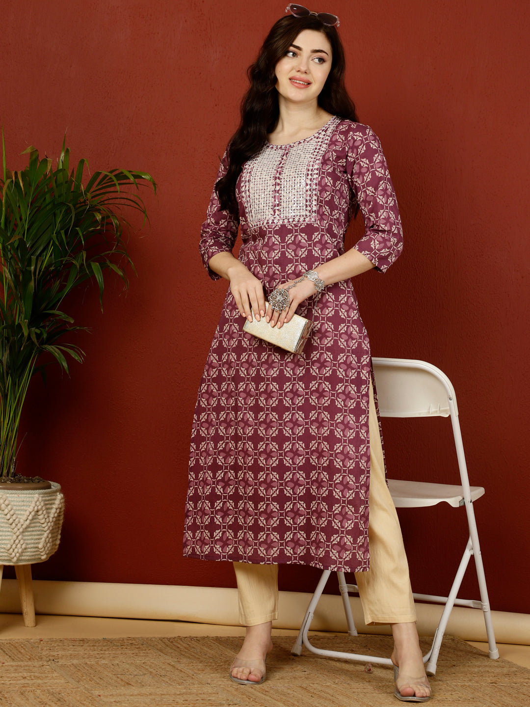 Calf Length Straight 3/4 Sleeves Round Kurta (Preorder)