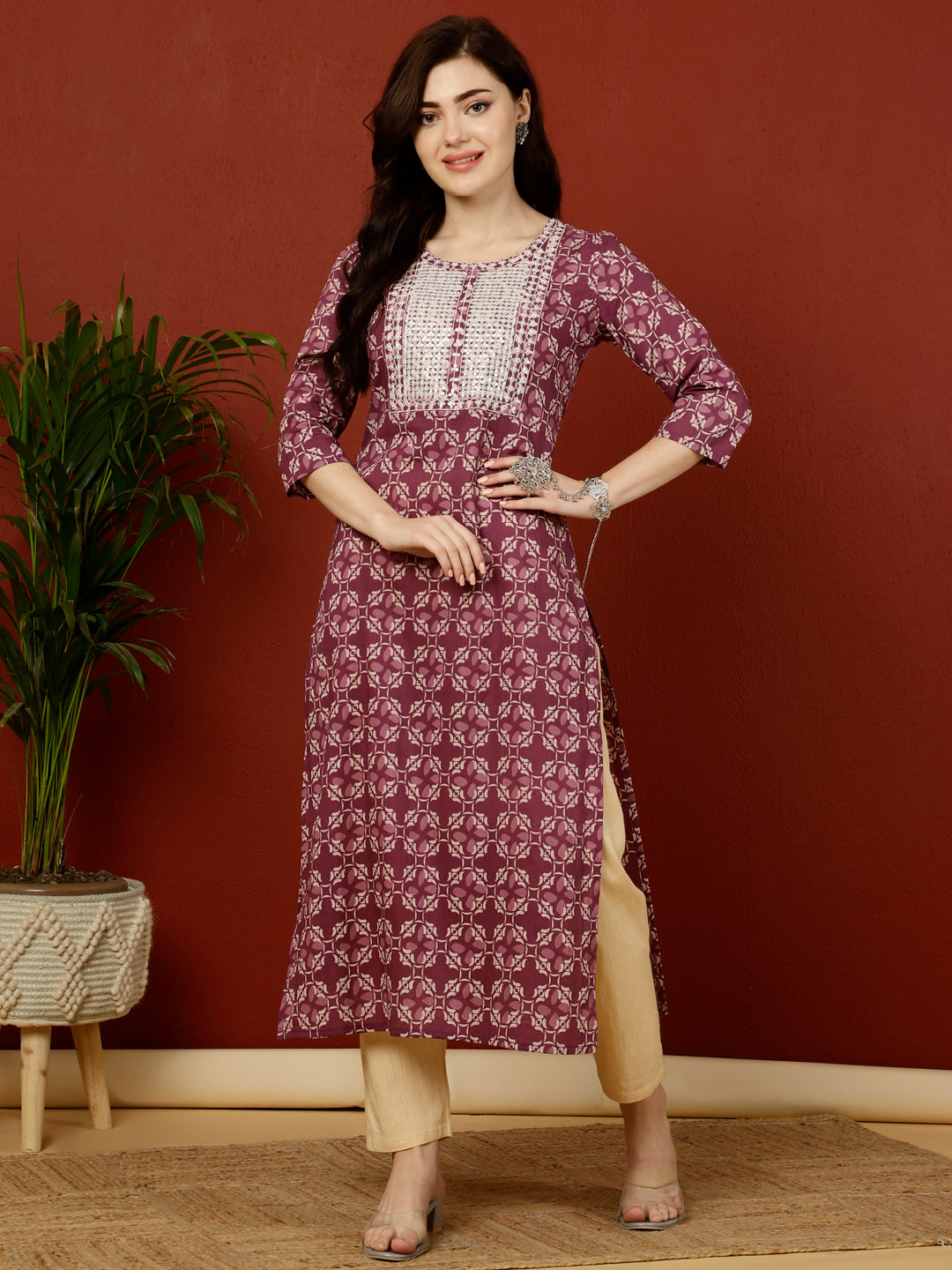 Calf Length Straight 3/4 Sleeves Round Kurta