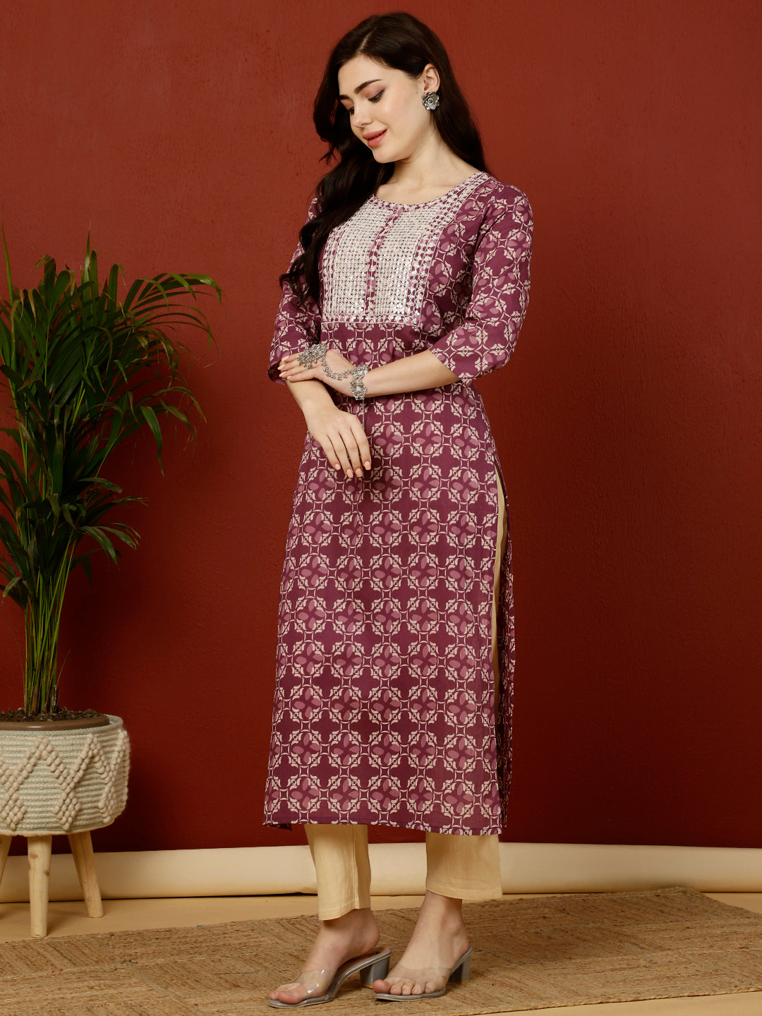 Calf Length Straight 3/4 Sleeves Round Kurta (Preorder)