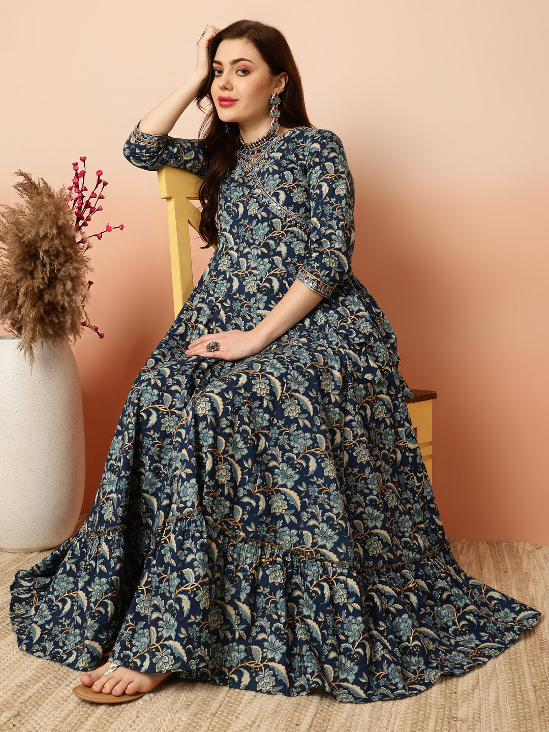 Ankle Length Flared 3/4 Sleeves V Kurta (Preorder)
