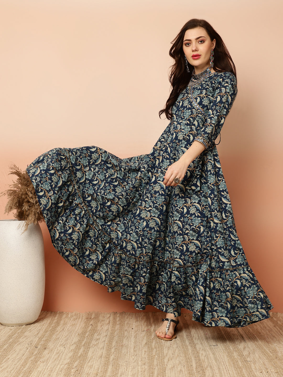 Ankle Length Flared 3/4 Sleeves V Kurta (Preorder)