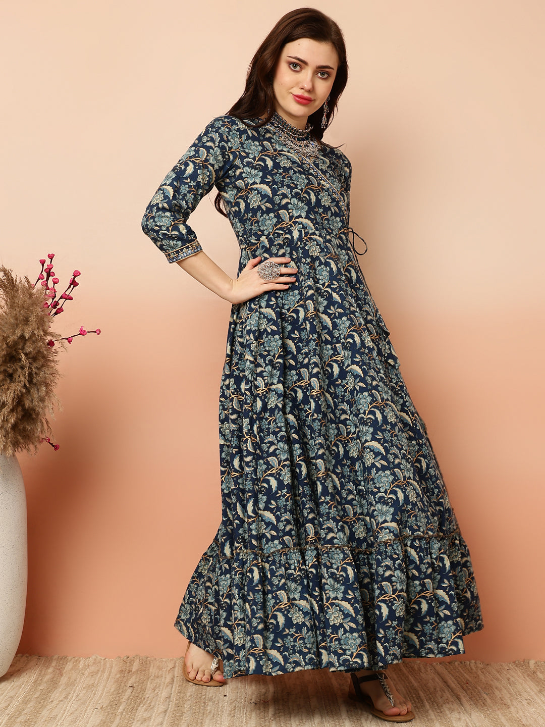 Ankle Length Flared 3/4 Sleeves V Kurta (Preorder)