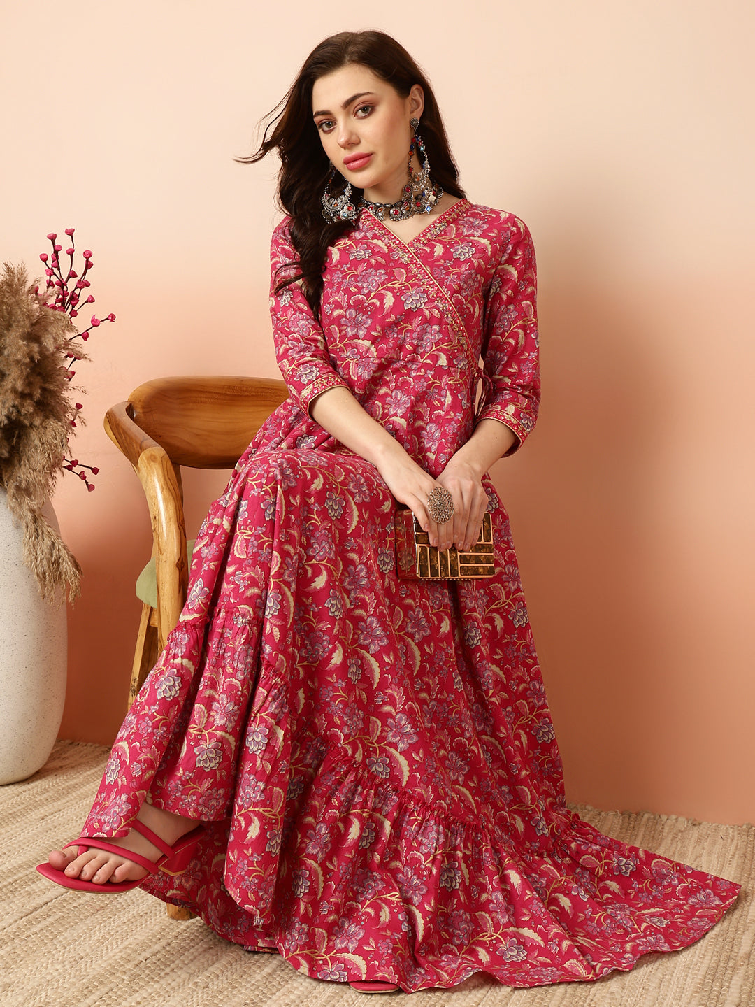 Ankle Length Flared 3/4 Sleeves V Kurta (Preorder)